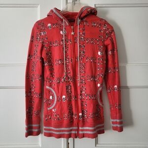 Vintage Rare Heatherette Red Skull Bones Full Zip Up Hooded Sweatshirt XS Y2K